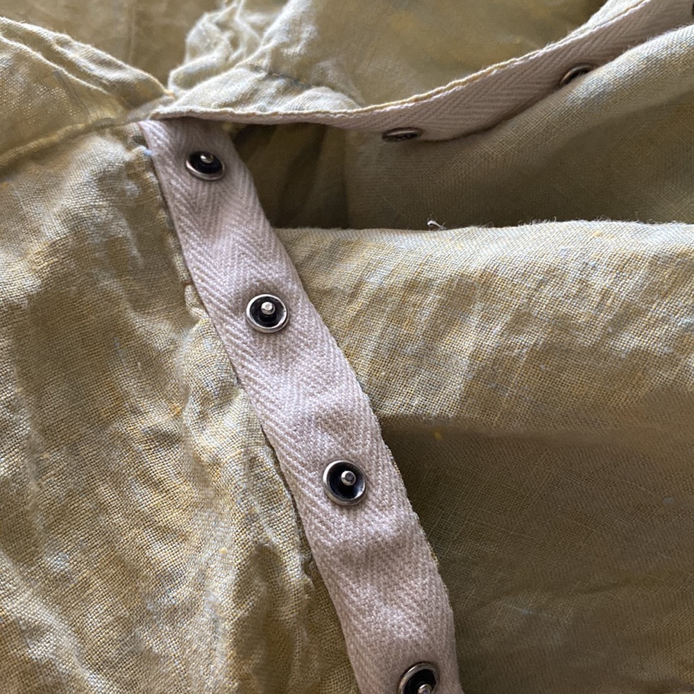 Vintage Flax Linen Jumpsuit Snaps Large Yellow oversized Ruffle Wide Leg Sage - Picture 5 of 6